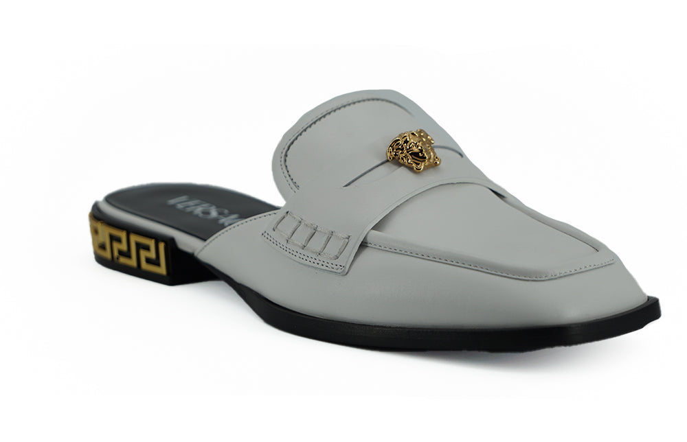 Versace White Calf Leather Slides Flat Shoes