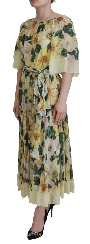 Yellow Floral Print Pleated Maxi Silk Dress