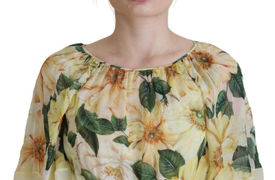 Yellow Floral Print Pleated Maxi Silk Dress