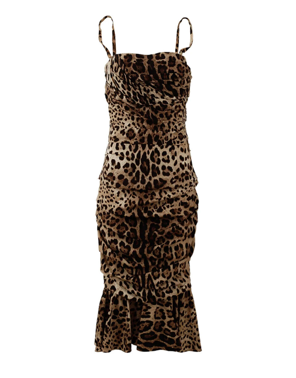 Brown Leopard Print Ruched Midi Dress