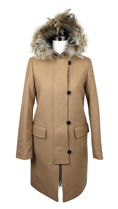 Sandro  Camel Kurt Wool Coat Fur Trim Hood