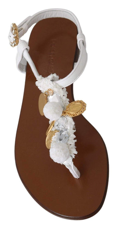 Dolce & Gabbana  White Leather Coins Flip Flops Sandals Shoes #women, Brand_Dolce & Gabbana, Catch, Category_Shoes, Dolce & Gabbana, EU35/US4.5, feed-agegroup-adult, feed-color-white, feed-gender-female, feed-size-US4.5, Gender_Women, Kogan, Sandals - Women - Shoes, Shoes - New Arrivals, White at SEYMAYKA