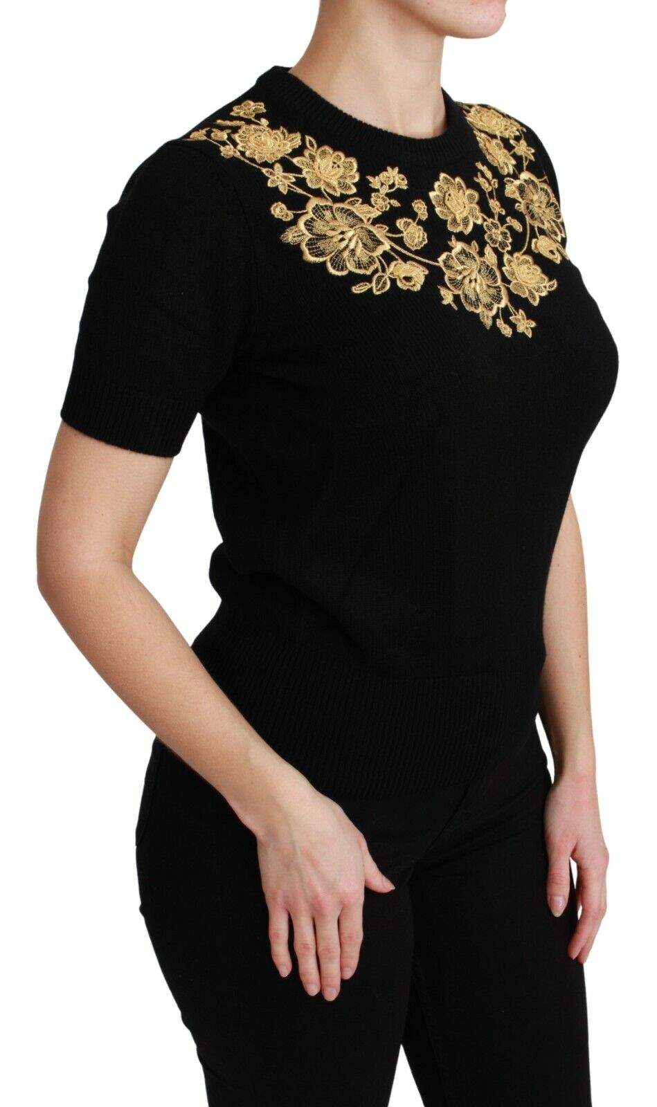 Dolce & Gabbana Black Cashmere Gold Floral Sweater Top Black, Dolce & Gabbana, feed-1, IT44|L, Tops & T-Shirts - Women - Clothing at SEYMAYKA