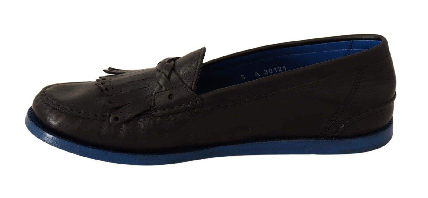 Dolce & Gabbana Black Leather Tassel Slip On Loafers Shoes #men, Black and Blue, Dolce & Gabbana, EU39/US6, feed-1, Loafers - Men - Shoes at SEYMAYKA