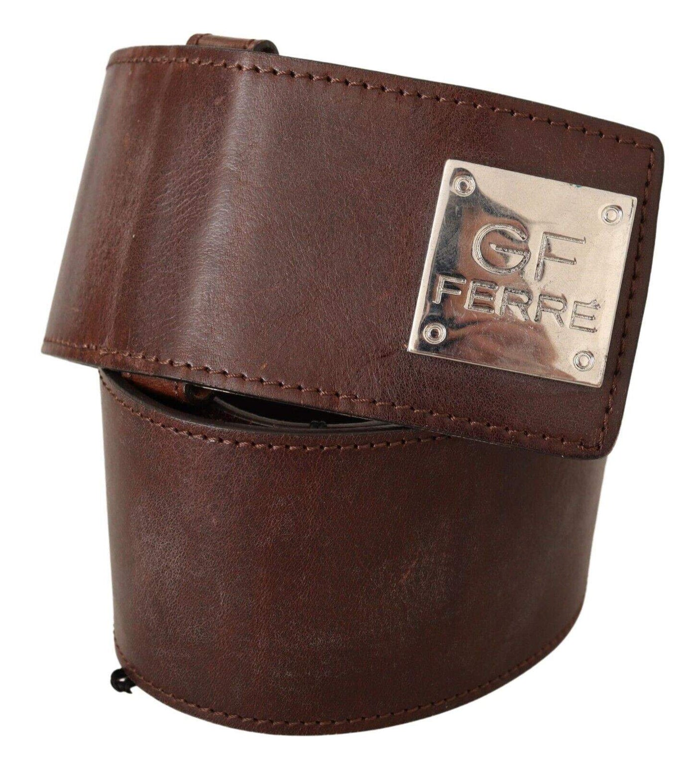 GF Ferre Brown Genuine Leather Wide Logo Buckle Waist Belt 70 cm / 28 Inches, Belts - Women - Accessories, Brown, feed-1, GF Ferre at SEYMAYKA