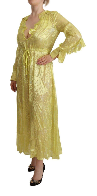 Patrizia Pepe Yellow Silk Long Sleeves Plunging Maxi Dress Dresses - Women - Clothing, feed-1, IT40|S, Patrizia Pepe, Yellow at SEYMAYKA