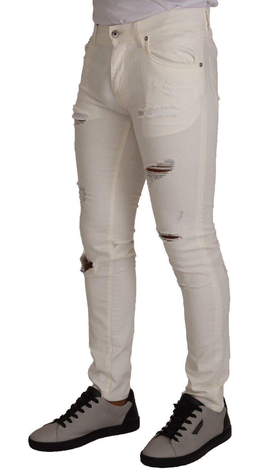 Dolce & Gabbana White Tattered Skinny Cotton  Denim Jeans #men, Dolce & Gabbana, feed-1, IT46 | S, Jeans & Pants - Men - Clothing, White at SEYMAYKA