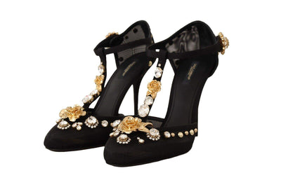 Dolce & Gabbana Black Mesh Crystals T-strap Heels Pumps Shoes Black, Dolce & Gabbana, EU39/US8.5, EU40/US9.5, EU41/US10.5, feed-1, Pumps - Women - Shoes at SEYMAYKA