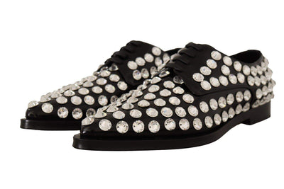 Dolce & Gabbana Black Leather Crystals Lace Up Formal Shoes Black, Dolce & Gabbana, EU41/US10.5, feed-1, Flat Shoes - Women - Shoes at SEYMAYKA