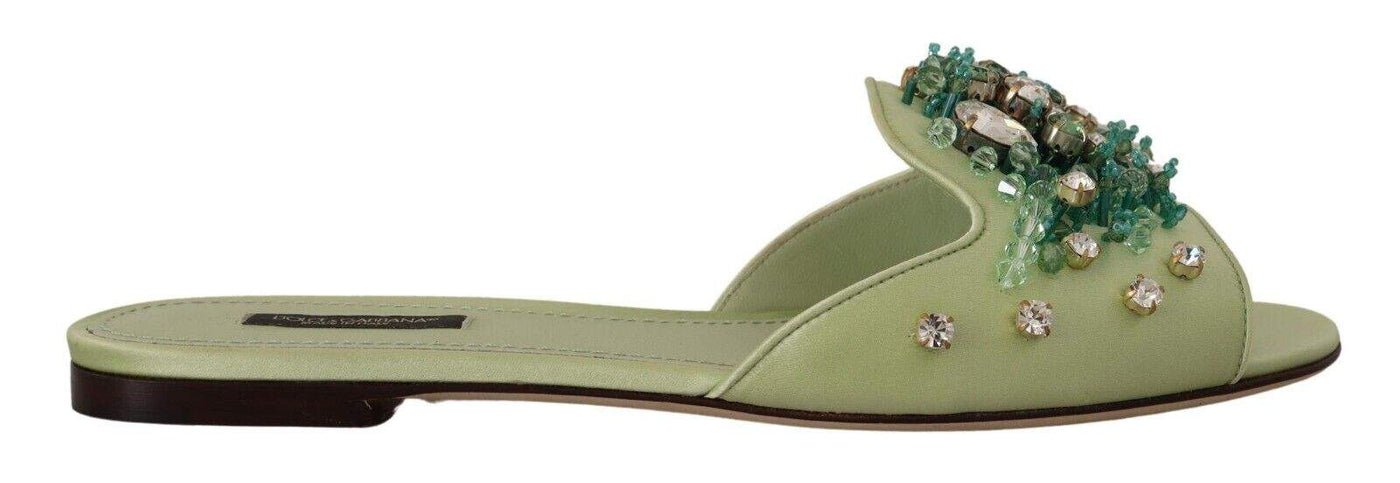 Dolce & Gabbana Green Leather Crystals Slides Women Flats Shoes Dolce & Gabbana, EU39/US8.5, feed-1, Flat Shoes - Women - Shoes, Green at SEYMAYKA