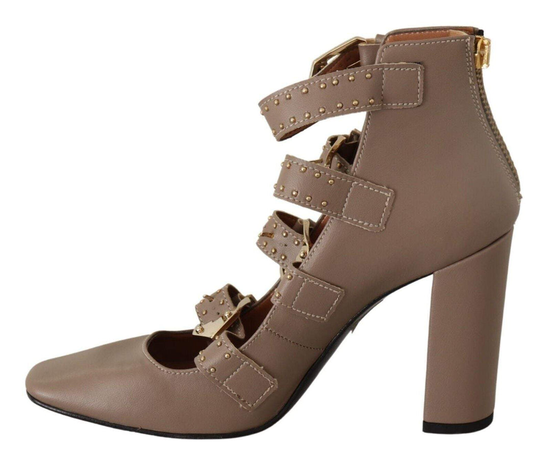 MY TWIN Brown Leather Block Heels Multi Buckle Pumps Brown, EU37/US6.5, feed-1, MY TWIN, Pumps - Women - Shoes at SEYMAYKA