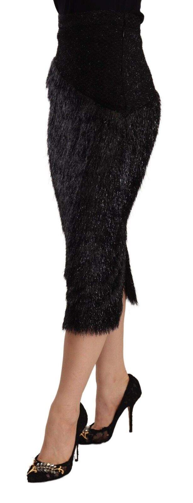 Masha Ma Black Tinsel High Waist Pencil Midi Viscose Skirt Black, feed-1, IT38|XS, Masha Ma, Skirts - Women - Clothing at SEYMAYKA