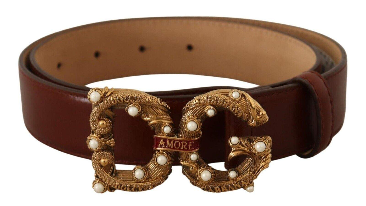 Dolce & Gabbana Brown Leather Brass Logo Buckle Amore Belt 75 cm / 30 Inches, Belts - Women - Accessories, Brown, Dolce & Gabbana, feed-1 at SEYMAYKA