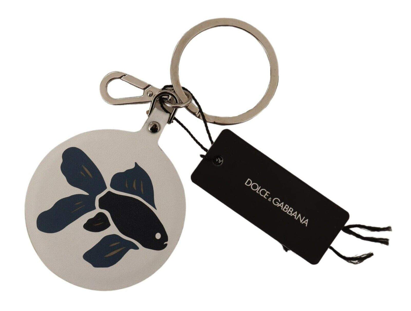 Dolce & Gabbana White Leather Fish Metal Silver Tone Keyring Keychain #men, Dolce & Gabbana, feed-1, Keychains - Men - Accessories, White at SEYMAYKA