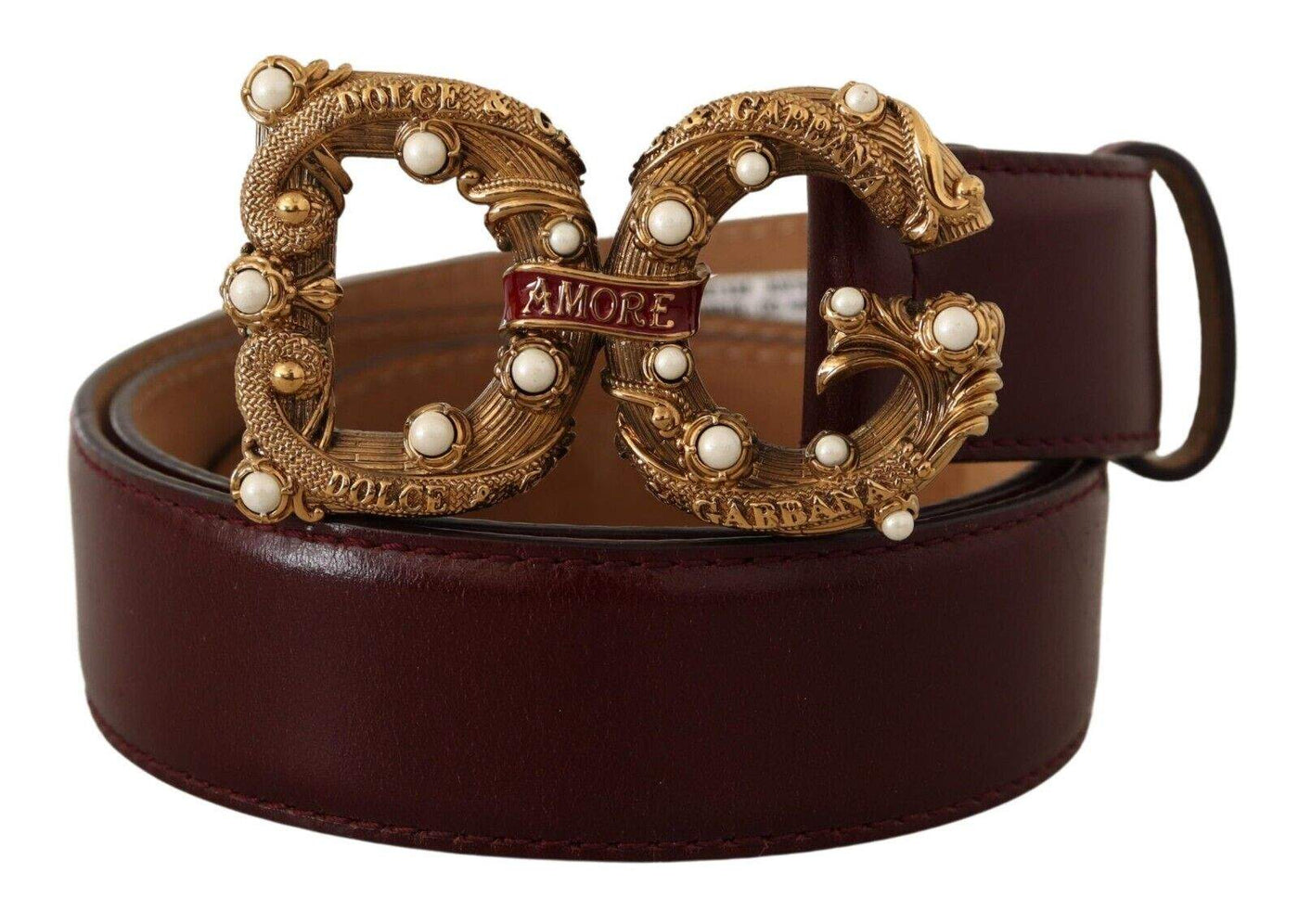 Dolce & Gabbana Bordeaux Leather Brass Logo Buckle Baroque Amore Belt 75 cm / 30 Inches, Belts - Women - Accessories, Bordeaux, Dolce & Gabbana, feed-1 at SEYMAYKA