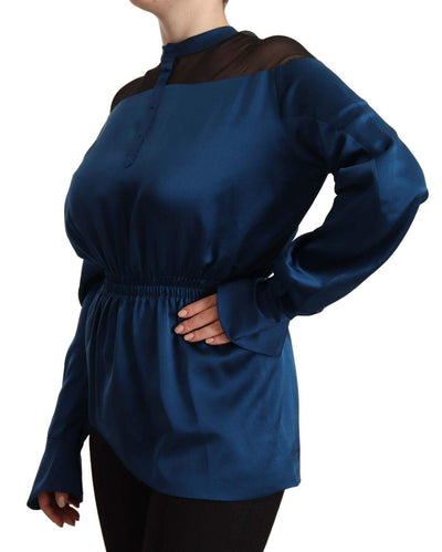 Masha Ma Blue Silk Long Sleeves Elastic Waist Top Blouse Blue, feed-1, IT38|XS, IT40|S, IT42|M, Masha Ma, Tops & T-Shirts - Women - Clothing at SEYMAYKA