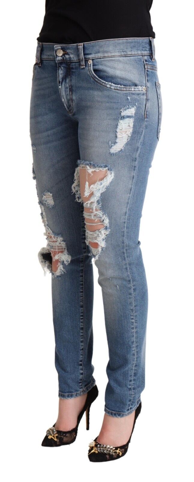 Dolce & Gabbana Blue Distressed Cotton Denim Skinny Jeans