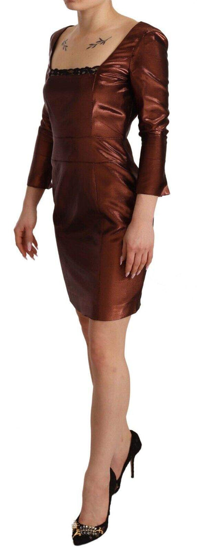 GF Ferre Metallic Brown Long Sleeves Square Neck Sheath Dress Bronze, Dresses - Women - Clothing, feed-1, GF Ferre, IT40|S at SEYMAYKA