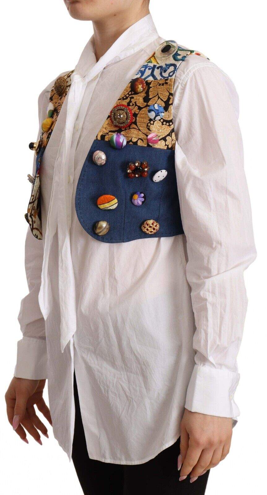 Dolce & Gabbana Multicolor Embellished Waist Coat Cotton Top Dolce & Gabbana, feed-1, IT38|XS, Multicolor, Tops & T-Shirts - Women - Clothing at SEYMAYKA