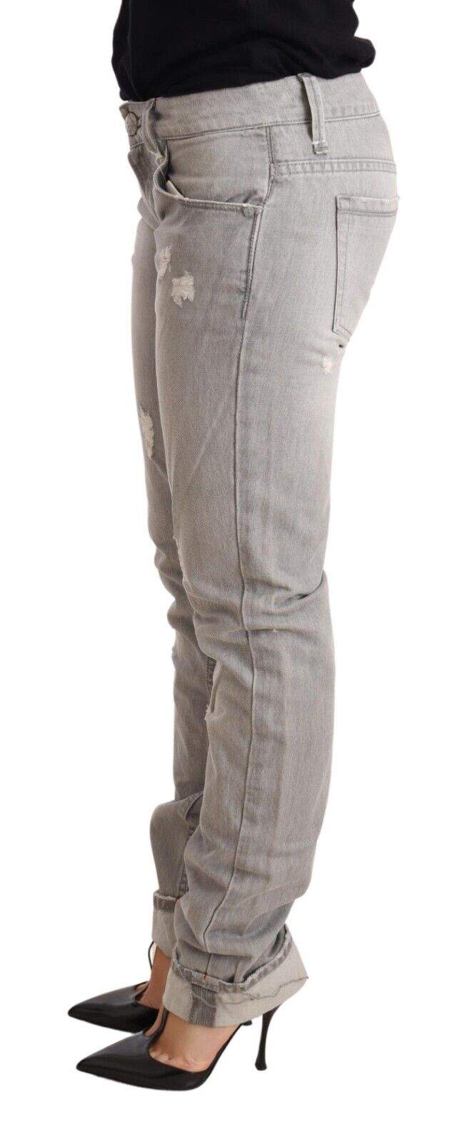 Acht Gray Tattered Cotton Slim Fit Folded Hem  Denim Jeans Acht, feed-1, Gray, Jeans & Pants - Women - Clothing, W26 at SEYMAYKA