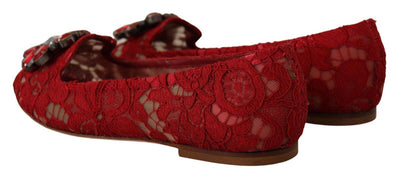 Dolce & Gabbana Red Lace Crystal Ballet Flats Loafers Dolce & Gabbana, EU36/US5.5, feed-1, Flat Shoes - Women - Shoes, Red at SEYMAYKA