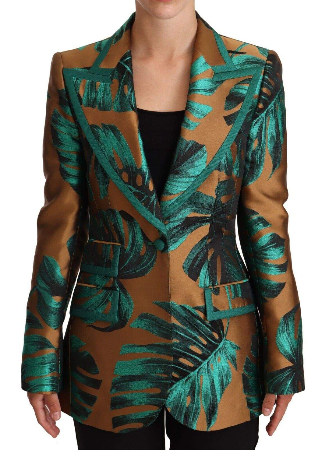 Dolce & Gabbana Brown Green Leaf Jacquard Coat Jacket Brown, Dolce & Gabbana, feed-1, IT38|XS, Jackets & Coats - Women - Clothing at SEYMAYKA
