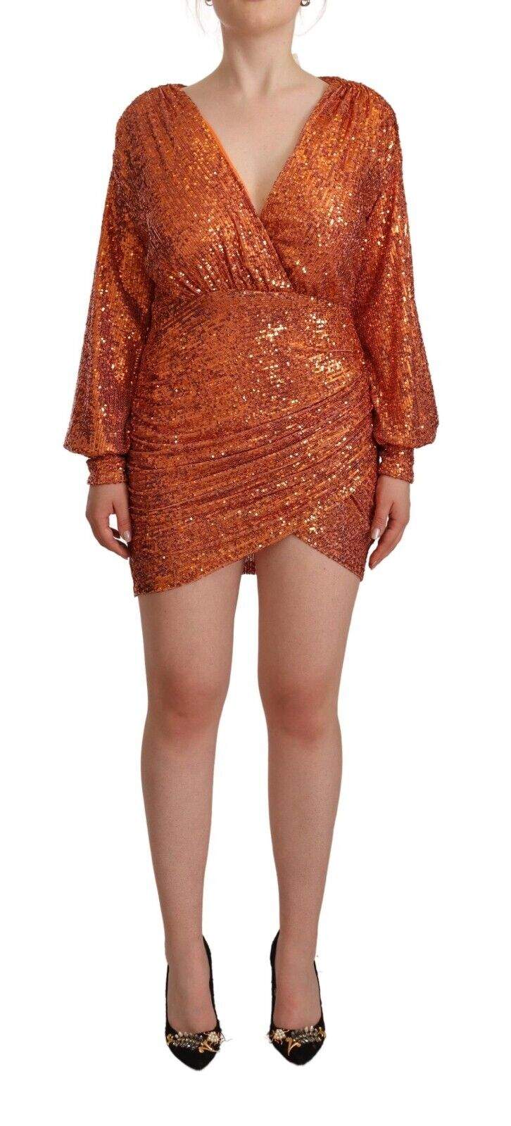 Aniye By Orange Sequined Long Sleeves Mini Sheath Wrap Dress Aniye By, Dresses - Women - Clothing, feed-1, IT42|M, Orange at SEYMAYKA