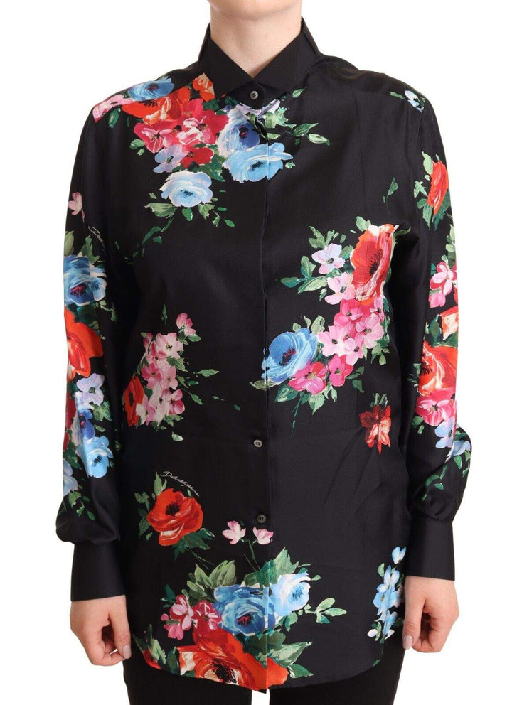 Dolce & Gabbana Black Floral Print Collared Polo Blouse Top Black, Dolce & Gabbana, feed-1, IT42|M, Tops & T-Shirts - Women - Clothing at SEYMAYKA