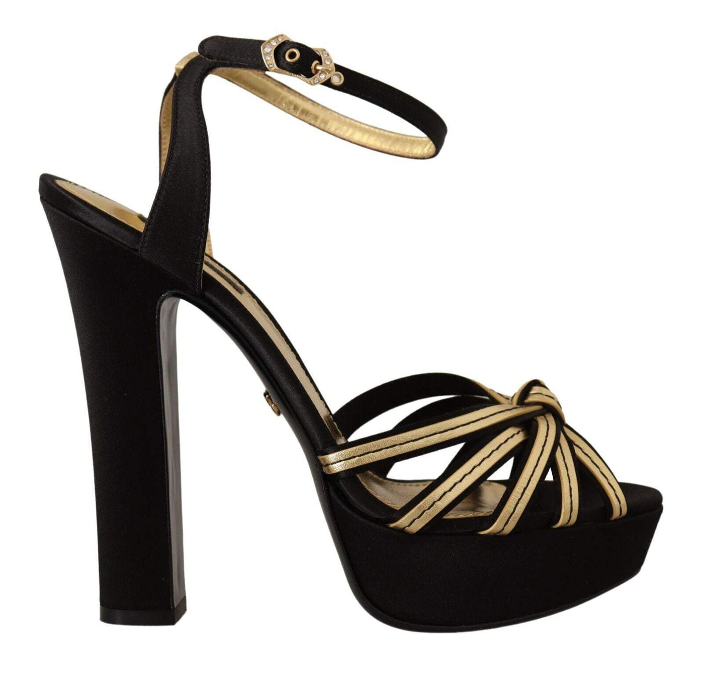 Dolce & Gabbana Black Gold Viscose Ankle Strap Heels Sandals Dolce & Gabbana, EU40/US9.5, feed-1, Gold Black, Sandals - Women - Shoes at SEYMAYKA