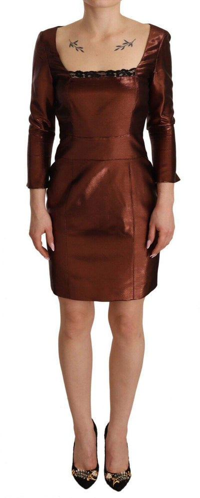 GF Ferre Metallic Brown Long Sleeves Square Neck Sheath Dress Bronze, Dresses - Women - Clothing, feed-1, GF Ferre, IT40|S at SEYMAYKA