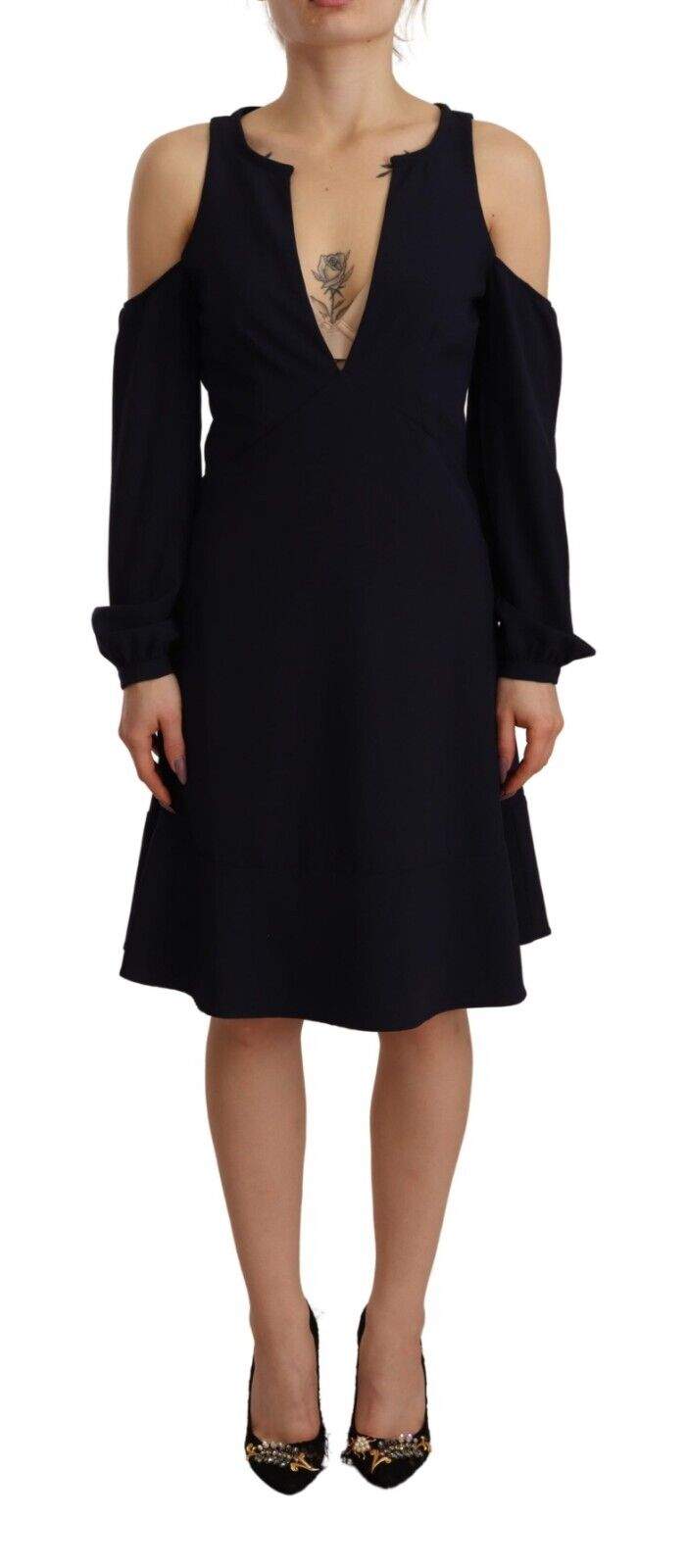 Twinset Black Long Sleeves Open Shoulder A-line Dress Black, Dresses - Women - Clothing, feed-1, IT40|S, Twinset at SEYMAYKA
