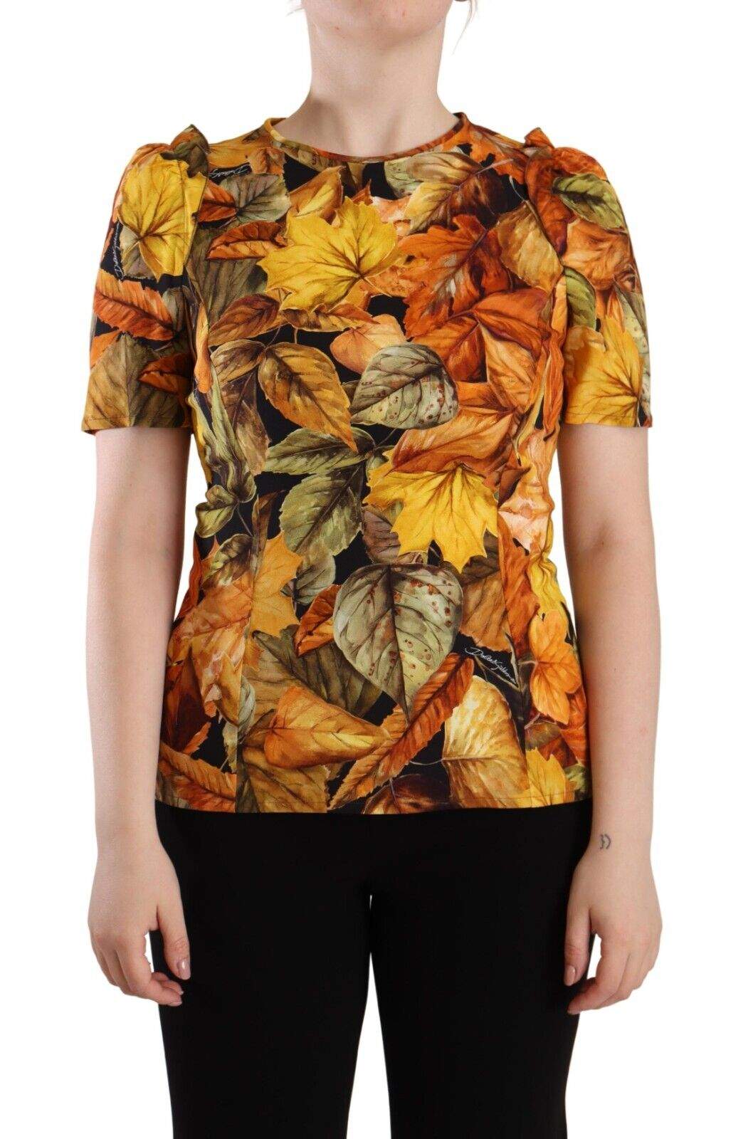 Dolce & Gabbana Multicolor Leaves Print Viscose Round Neck Blouse Top Dolce & Gabbana, feed-1, IT42|M, IT44|L, Multicolor, Tops & T-Shirts - Women - Clothing at SEYMAYKA