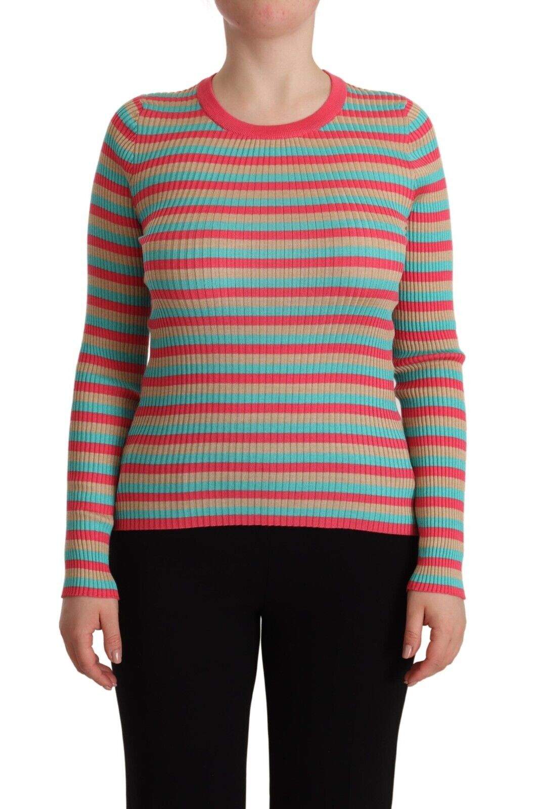 Dolce & Gabbana Multicolor Stripes Silk Crew Neck Pullover Top Dolce & Gabbana, feed-1, IT44|L, Multicolor, Tops & T-Shirts - Women - Clothing at SEYMAYKA