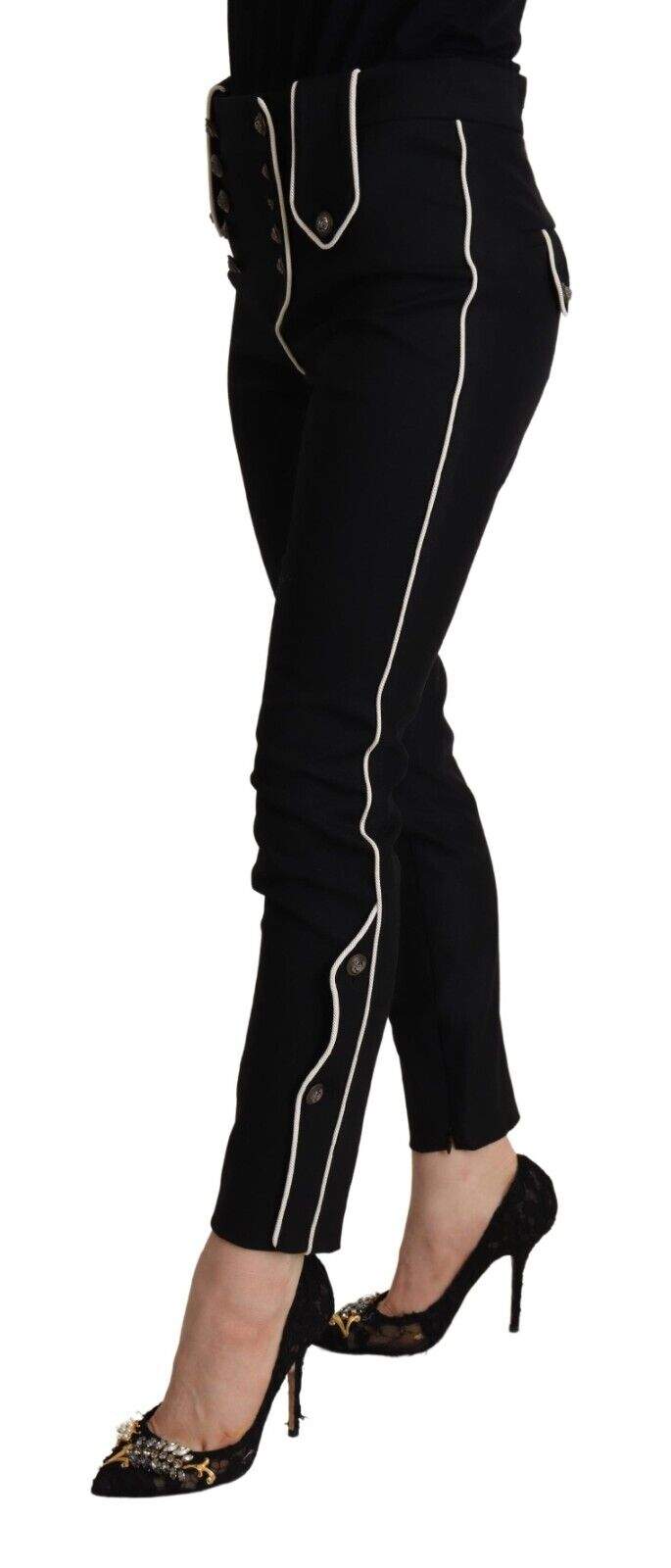 Dolce & Gabbana Black Mid Waist Button Embellished Slim Fit Pants Black, Dolce & Gabbana, feed-1, IT40|S, Jeans & Pants - Women - Clothing at SEYMAYKA