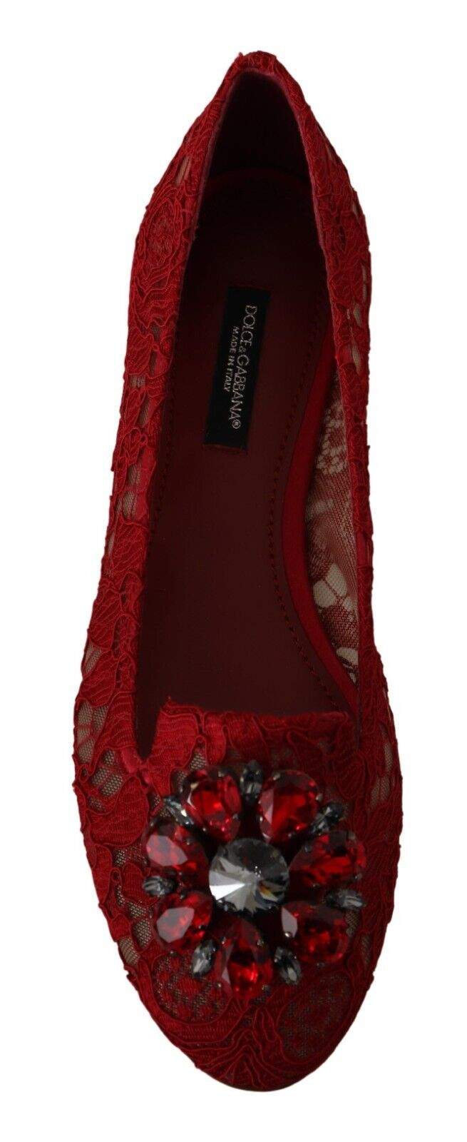 Dolce & Gabbana Red Lace Crystal Ballet Flats Loafers Dolce & Gabbana, EU36/US5.5, feed-1, Flat Shoes - Women - Shoes, Red at SEYMAYKA