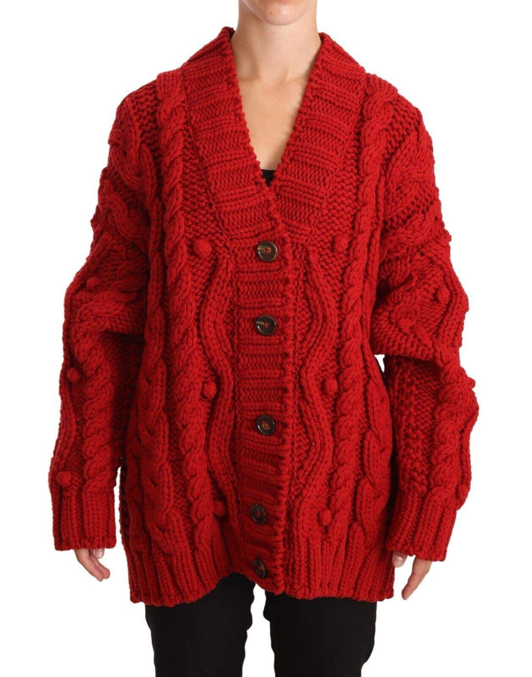 Dolce & Gabbana Red V-neck Wool Knit Button Cardigan Sweater Dolce & Gabbana, feed-1, IT40 | M, Red, Sweaters - Women - Clothing at SEYMAYKA