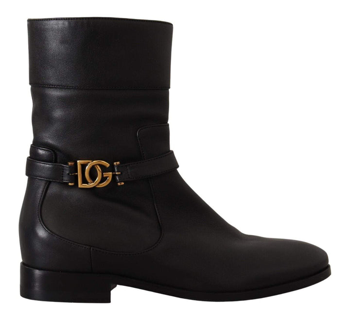 Dolce & Gabbana Black Leather Flats Logo Short Boots Black, Boots - Women - Shoes, Dolce & Gabbana, EU36/US5.5, feed-1 at SEYMAYKA