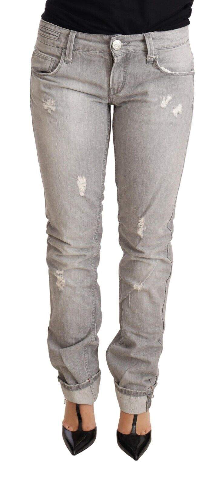 Acht Gray Tattered Cotton Slim Fit Folded Hem  Denim Jeans Acht, feed-1, Gray, Jeans & Pants - Women - Clothing, W26 at SEYMAYKA