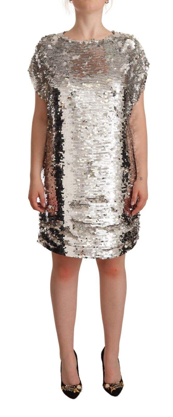 MSGM Silver Sequined Polyester Short Sleeves Shift Mini Dress Dresses - Women - Clothing, feed-1, IT38|XS, MSGM, Silver at SEYMAYKA