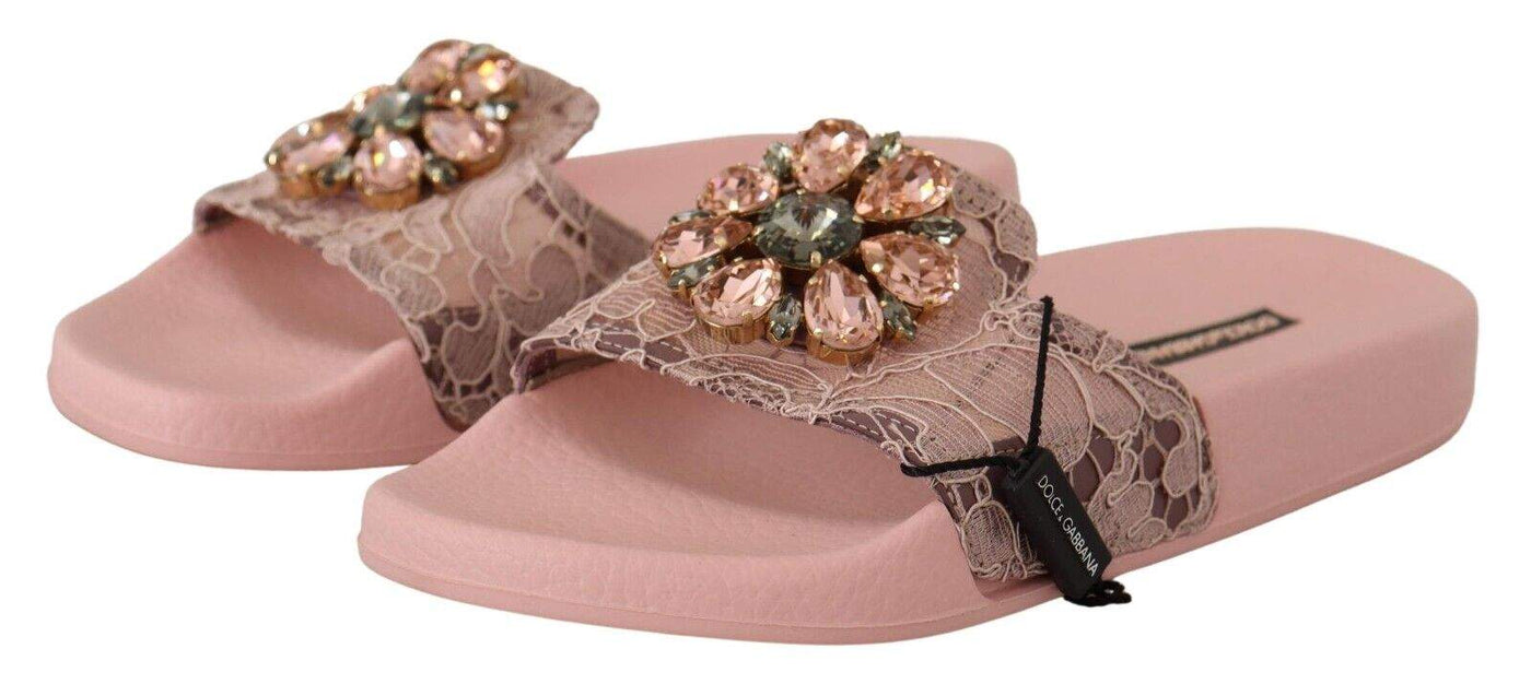 Dolce & Gabbana Pink Lace Crystal Sandals Slides Beach Dolce & Gabbana, EU36/US5.5, feed-1, Flat Shoes - Women - Shoes, Pink at SEYMAYKA