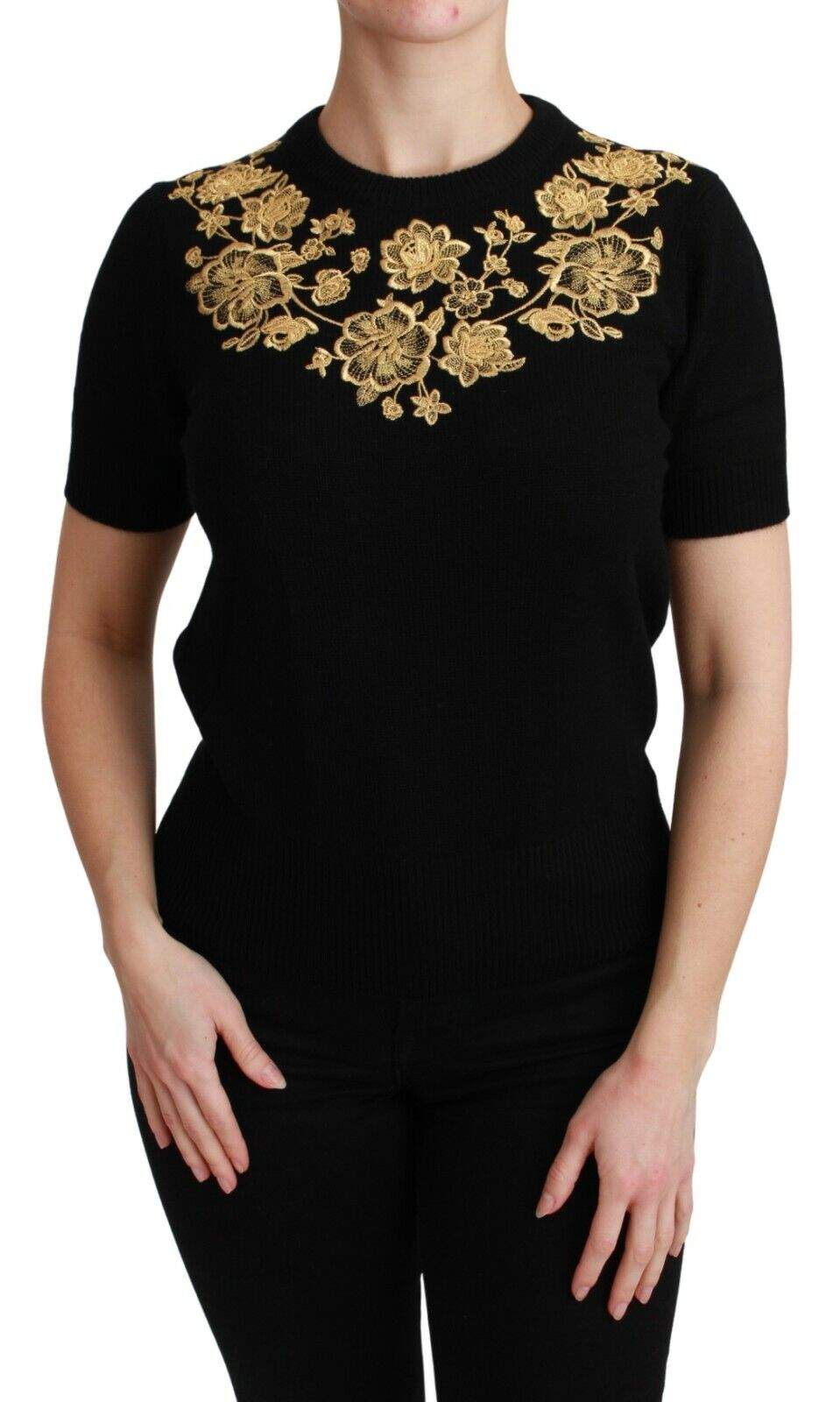 Dolce & Gabbana Black Cashmere Gold Floral Sweater Top Black, Dolce & Gabbana, feed-1, IT44|L, Tops & T-Shirts - Women - Clothing at SEYMAYKA