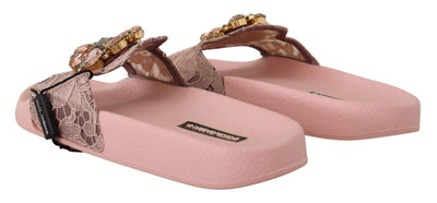 Dolce & Gabbana Pink Lace Crystal Sandals Slides Beach Dolce & Gabbana, EU36/US5.5, feed-1, Flat Shoes - Women - Shoes, Pink at SEYMAYKA
