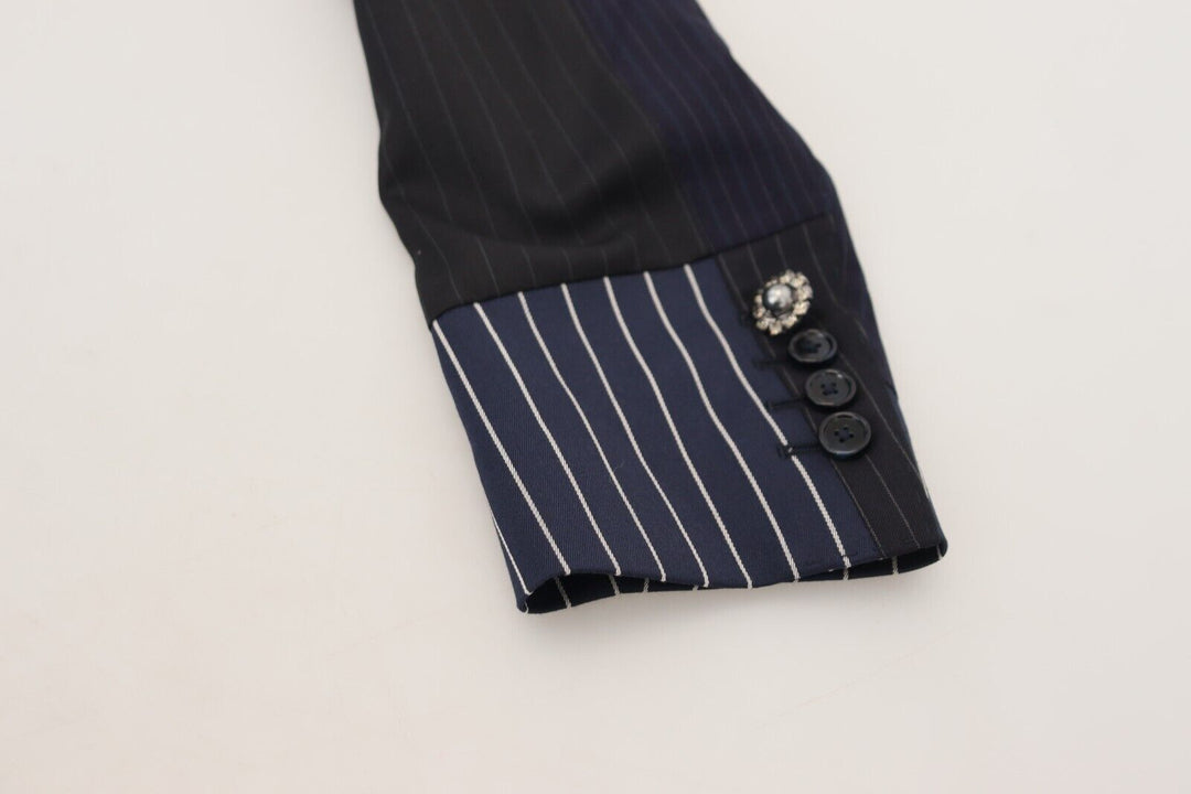 Dolce & Gabbana Blue Wool Patchwork Double Breasted Blazer