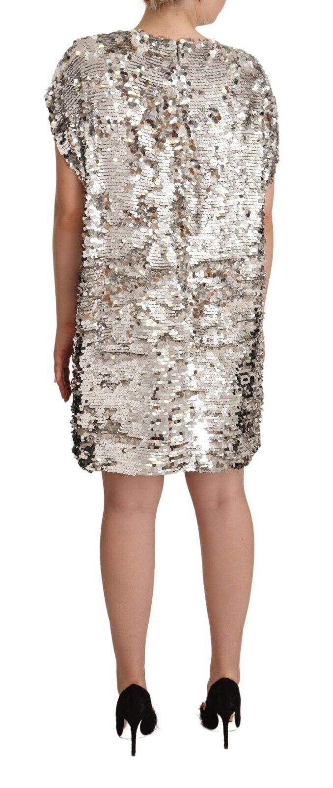 MSGM Silver Sequined Polyester Short Sleeves Shift Mini Dress Dresses - Women - Clothing, feed-1, IT38|XS, MSGM, Silver at SEYMAYKA
