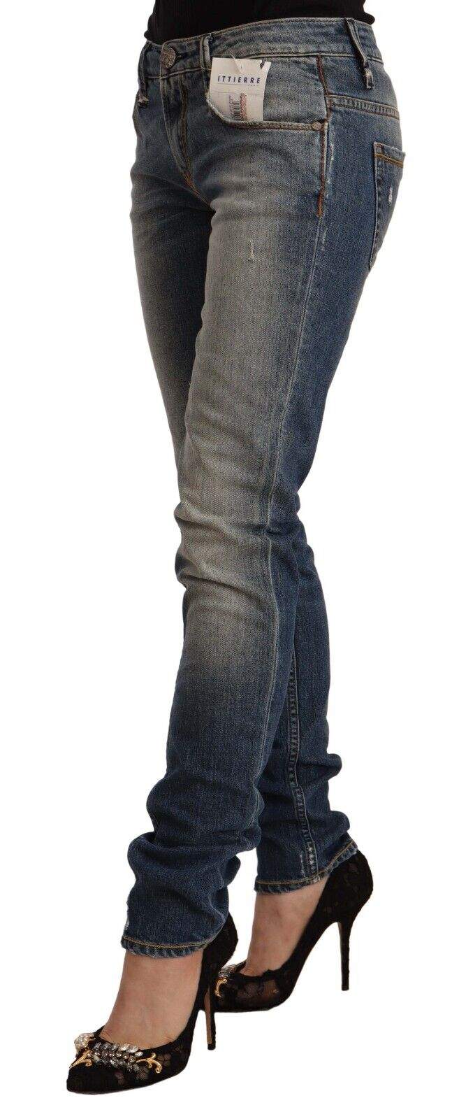 Acht Blue Washed Cotton Mid Waist Skinny Denim Jeans Acht, Blue, feed-1, Jeans & Pants - Women - Clothing, W26 at SEYMAYKA