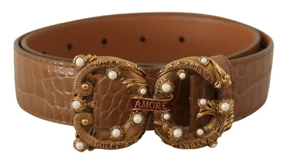 Dolce & Gabbana Brown Crocodile Pattern Leather Logo Amore  Belt 75 cm / 30 Inches, Belts - Women - Accessories, Brown, Dolce & Gabbana, feed-1 at SEYMAYKA