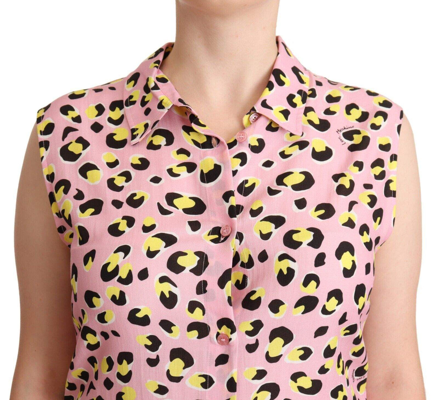 Love Moschino Pink Leopard Print Sleeveless Collared Polo Top feed-1, IT46|XL, Love Moschino, Pink, Tops & T-Shirts - Women - Clothing at SEYMAYKA