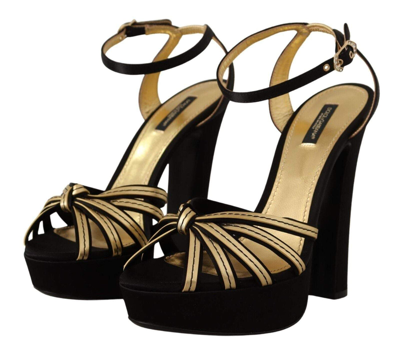 Dolce & Gabbana Black Gold Viscose Ankle Strap Heels Sandals Dolce & Gabbana, EU40/US9.5, feed-1, Gold Black, Sandals - Women - Shoes at SEYMAYKA