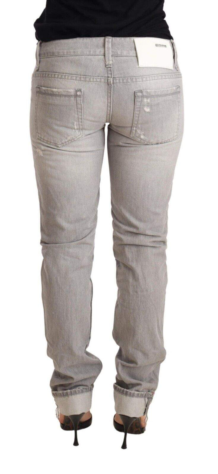 Acht Gray Tattered Cotton Slim Fit Folded Hem  Denim Jeans Acht, feed-1, Gray, Jeans & Pants - Women - Clothing, W26 at SEYMAYKA