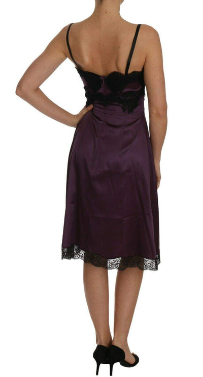 Dolce & Gabbana Purple Silk Stretch Black Lace A-Line Dress Dolce & Gabbana, Dresses - Women - Clothing, feed-agegroup-adult, feed-color-Purple, feed-gender-female, IT38|XS, IT40|S, Purple at SEYMAYKA